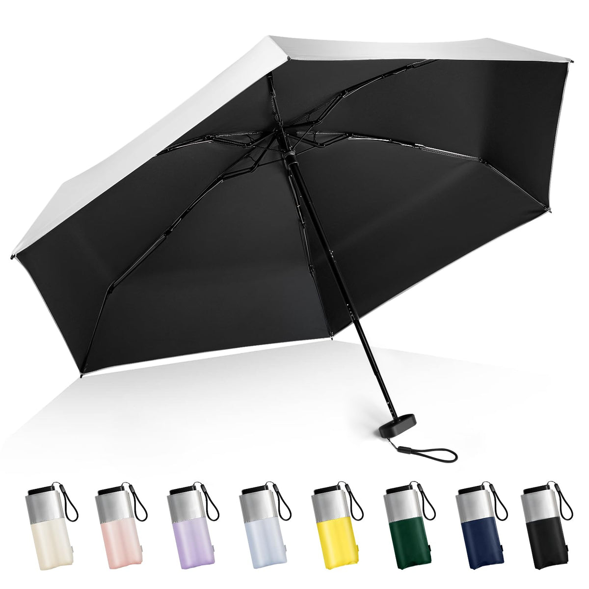 Mini Umbrella For Purse - UPF 50+ UV Blocker Sun Protection Umbrella, Small Micro Travel Parasol Design for Women, Black