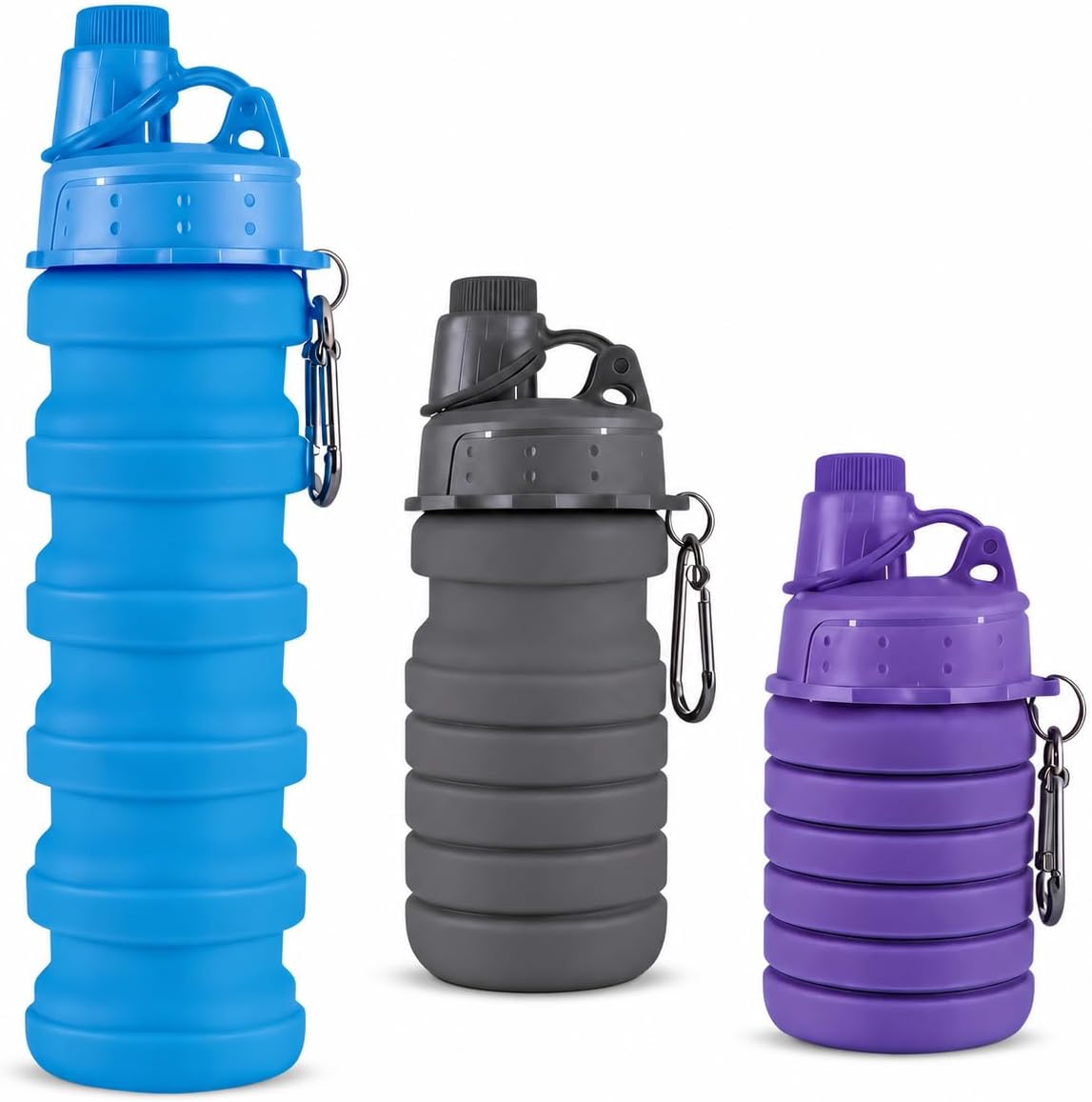 Collapsible Water Bottles, 3 Pack Silicone Foldable Sports travel Bottle