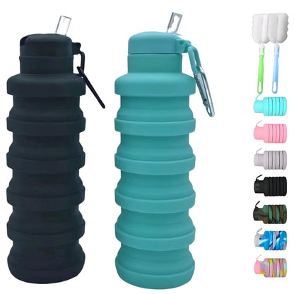 Collapsible water bottles 2 Pack with brush 500ml (Black+Pink)