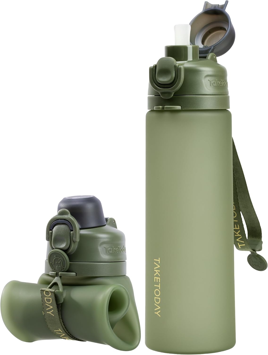 TakeToday Collapsible Water Bottles 21oz (600mL), Foldable Platinum Silicone Travel Water Bottle with Straw & Carry Strap, Leak-Resistant Screw Lid, Wide Mouth, BPA-Free for Hiking, Camping, Travel