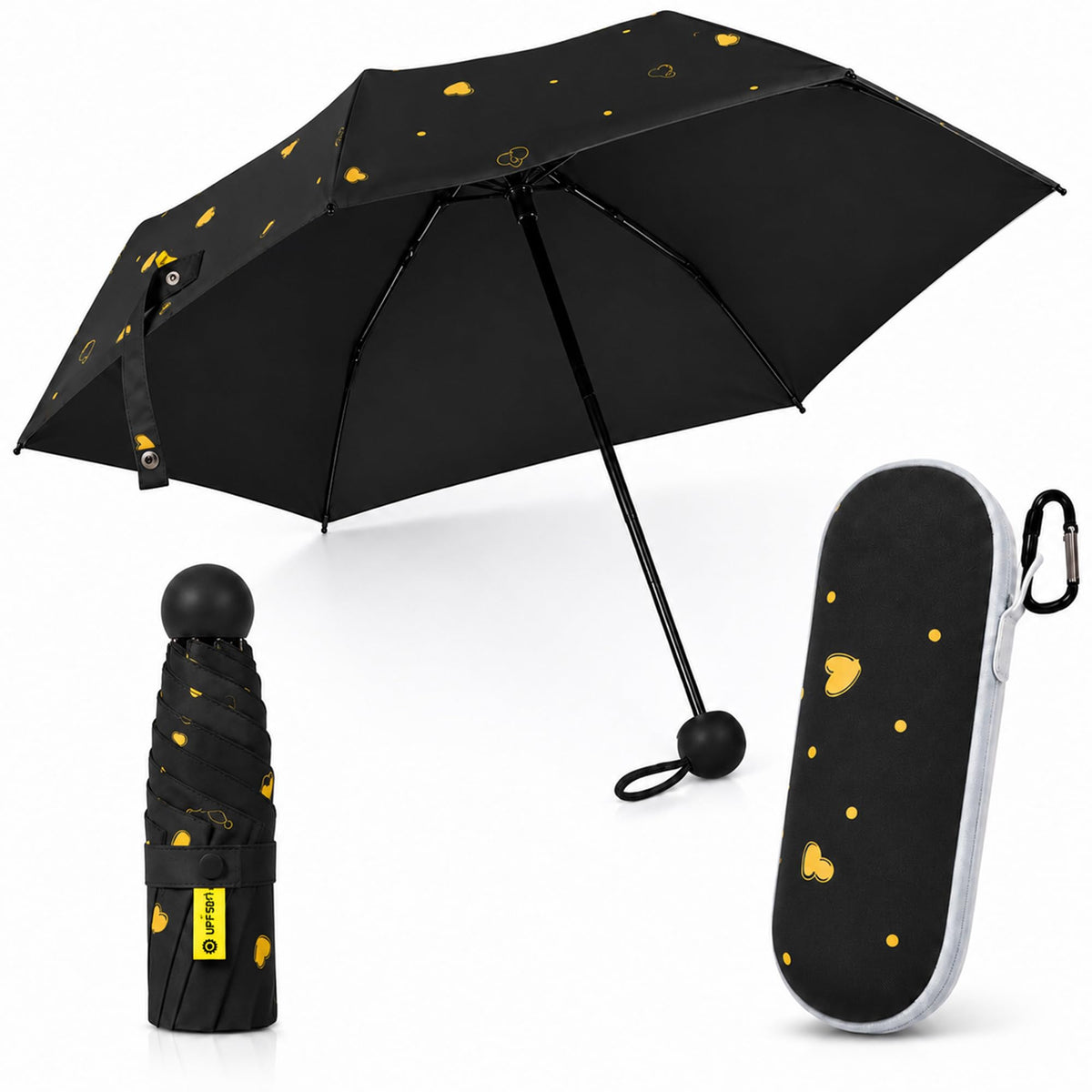 Mini Travel Umbrella, UPF 50+ Purse Umbrella with Case and Carabiner