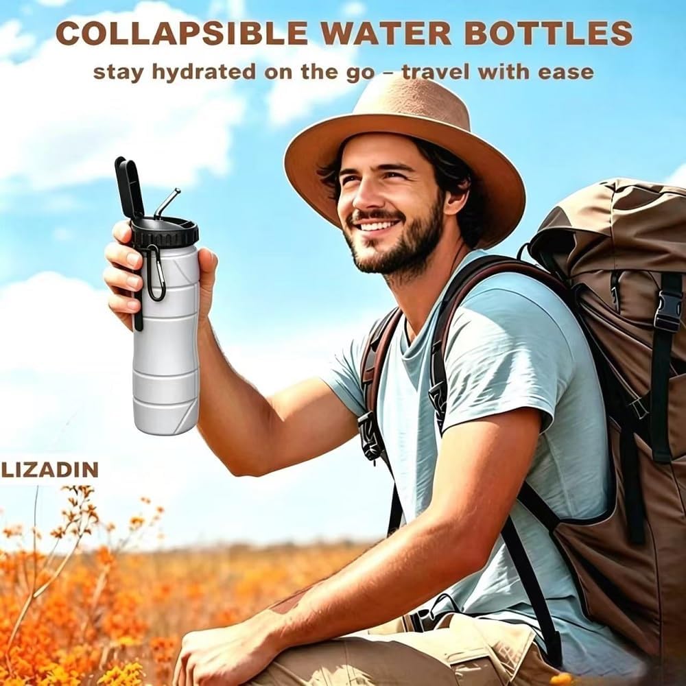 Collapsible Water Bottles 22oz with Straw 2Pack Travel (Blue+Pink)