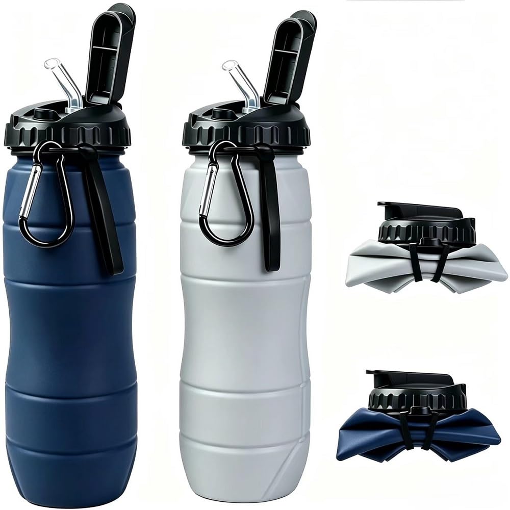 Collapsible Water Bottles 22oz with Straw 2Pack Travel (Blue+Pink)