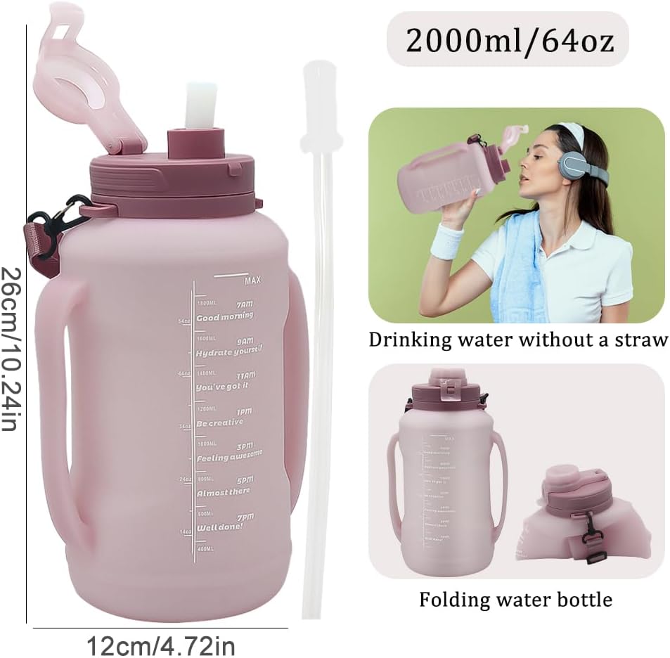 64oz Collapsible Silicone Water Bottle with Straw, BPA-Free,Foldable Water Jug with Handle for Gym, Hiking, Camping,Fishing (Pink)