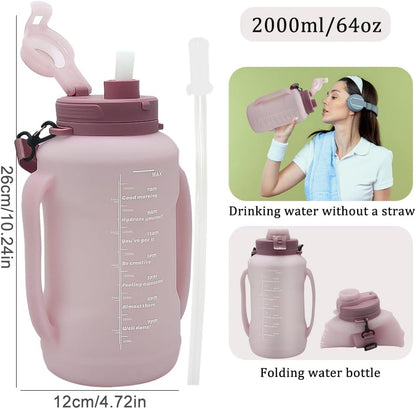 64oz Collapsible Silicone Water Bottle with Straw, BPA-Free,Foldable Water Jug with Handle for Gym, Hiking, Camping,Fishing (Pink)