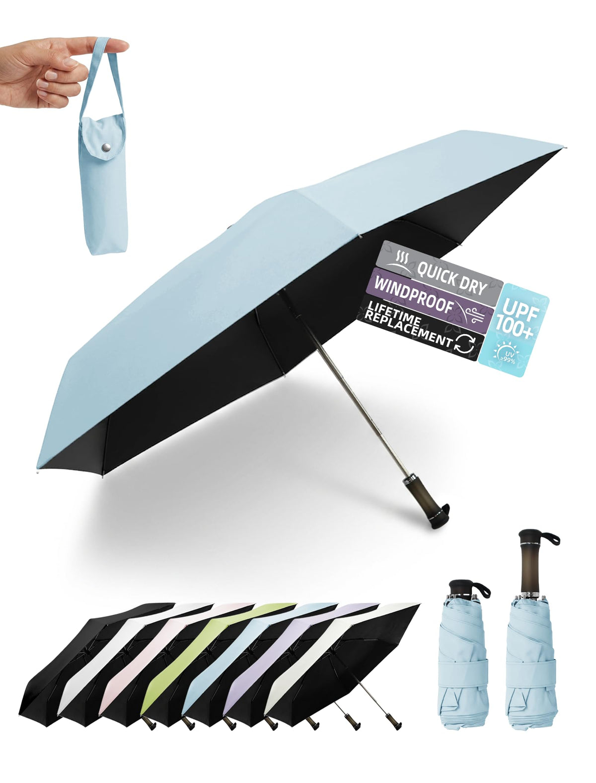 Travel Mini Umbrella, Windproof UPF 100 Sun Rain Compact Umbrella