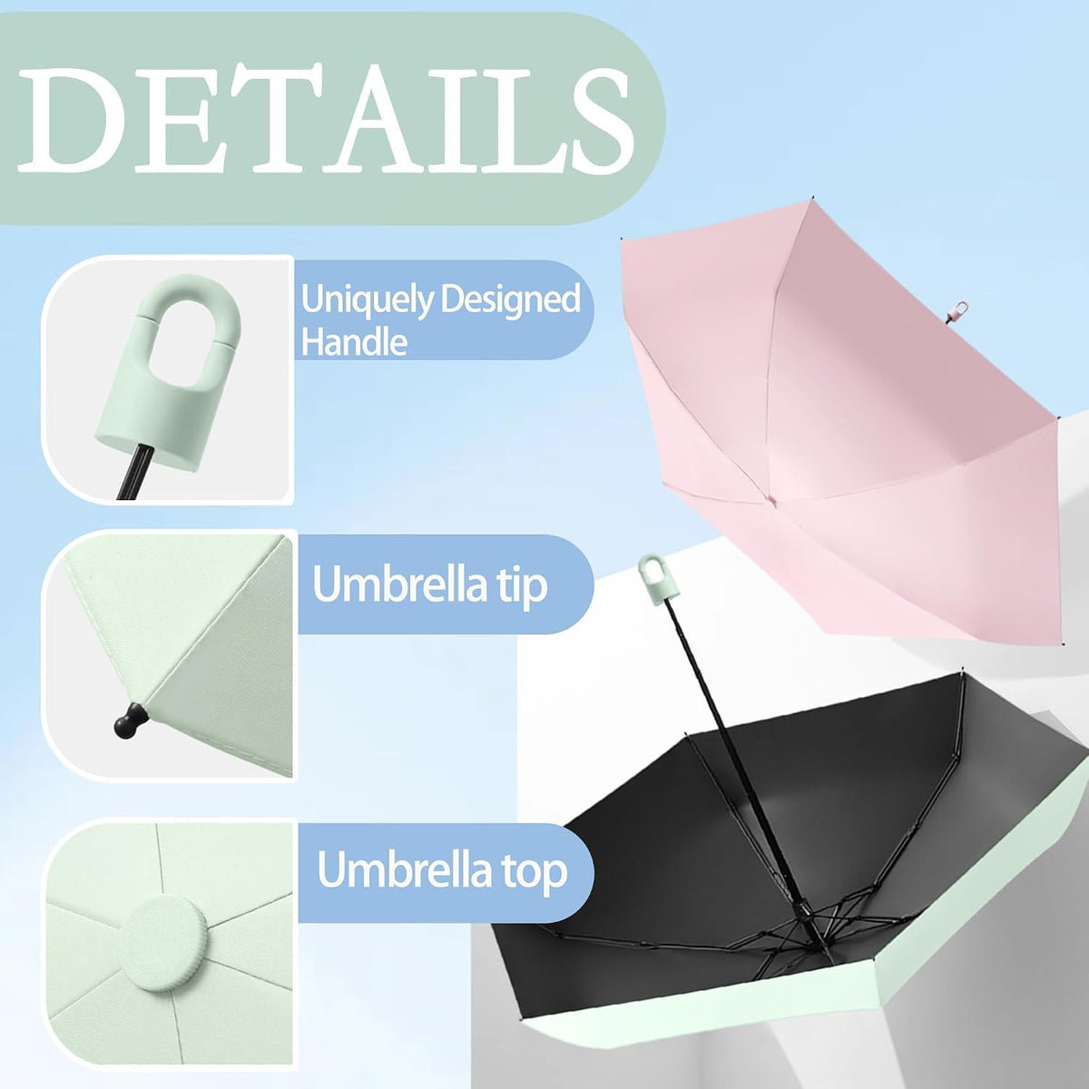 Mini Travel Folding Umbrella With Rotating Open&Close Ring Carabiner Handle for Women Kids - Small Portable Pocket Parasol,Lightweight Compact,6 Ribs,UV Protection,UPF 50,Rain Sun,Backpack