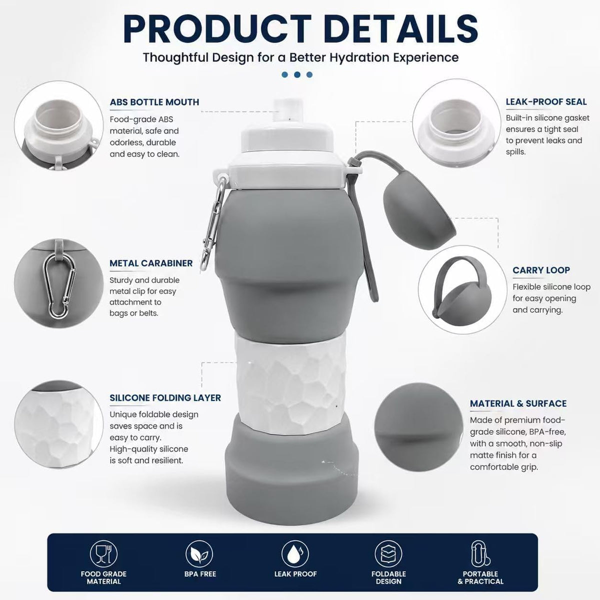 Petmaro Collapsible Water Bottles for traveling 20 oz (Grey)