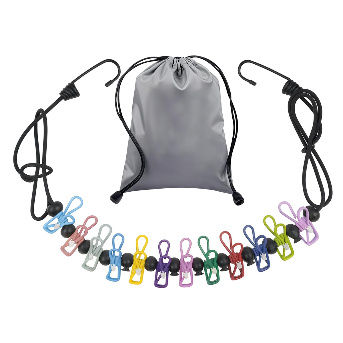 Travel Clothesline Retractable Portable Clothesline with 12 Clips Portable Elastic Camping Clothes Line with Anti-Slip Beads & Stainless Hooks for Hotel, RV, Boat, Outdoor Use (2 Pack)