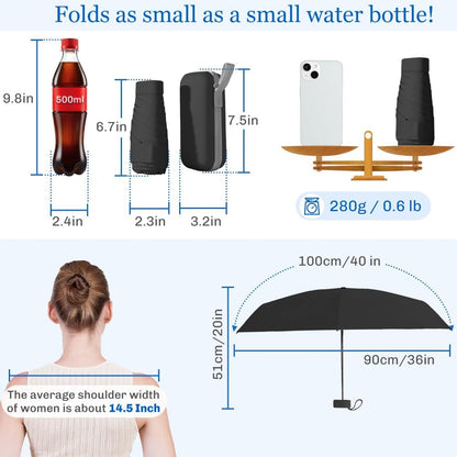 TOPSAIL Mini Umbrella for Travel, UPF 50+ UV Sun & Rain Protection, Compact 6k Folding Pocket Umbrella with Case for Purse, Backpack