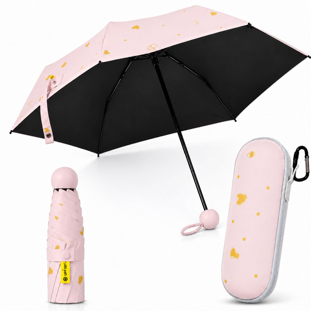 Mini Travel Umbrella, UPF 50+ Purse Umbrella with Case and Carabiner