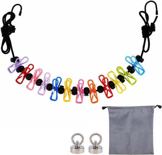Travel Clothesline for Cruise Ship, Stretchable Clothes Line with 2 Magnetic Hooks & 12 Clothes Clips & Storage Bag Portable Laundry Line for Hotel Camping RV Outdoor Indoor Laundry Drying
