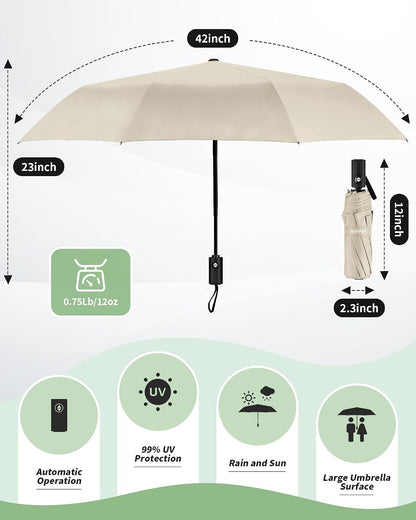 HIPPIH Compact Travel Umbrella for Rain - Windproof Automatic Umbrellas, UV Umbrella for Sun Protection with Black Anti-UV Coating, Portable Small Umbrellas for Backpack, Car, Walking, Kids, Women