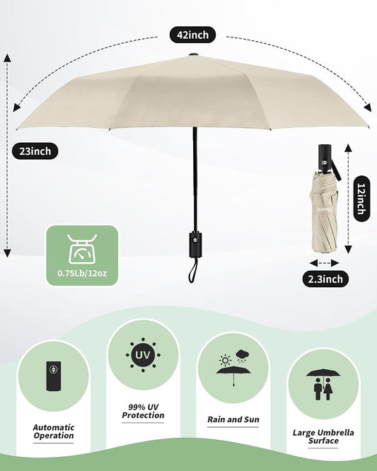 HIPPIH Compact Travel Umbrella for Rain - Windproof Automatic Umbrellas, UV Umbrella for Sun Protection with Black Anti-UV Coating, Portable Small Umbrellas for Backpack, Car, Walking, Kids, Women