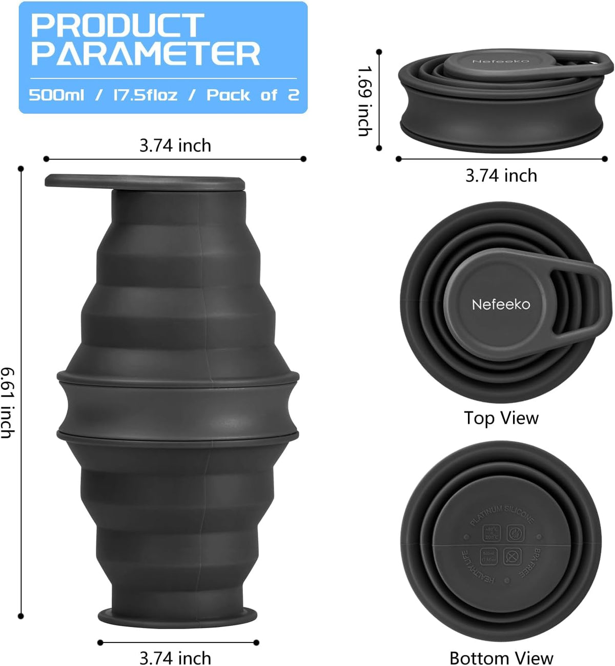 Nefeeko Collapsible Water Bottle, BPA Free Silicone Foldable Water Bottles