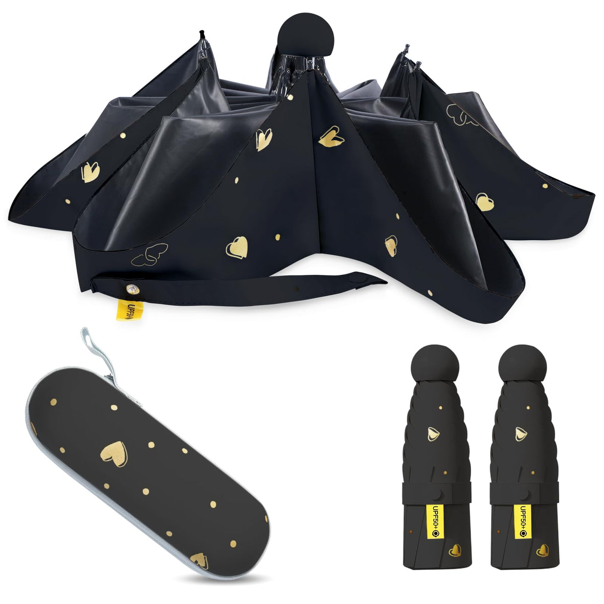 Mini Travel Umbrella, UPF 50+ Purse Umbrella with Case and Carabiner
