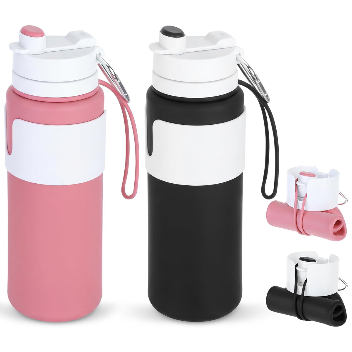 LemonRoad 2 Pcs 26 oz Silicone Collapsible Water Bottle, Portable Foldable Water Bottle Leakproof with Carabiner Reuseable Lightweight for Travel Sports Hiking Camping Cycling Office (Green,Black)