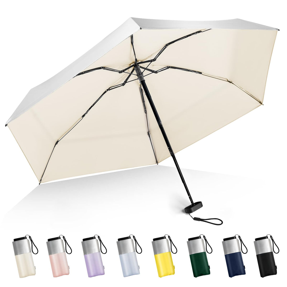 Mini Umbrella For Purse - UPF 50+ UV Blocker Sun Protection Umbrella, Small Micro Travel Parasol Design for Women, Black