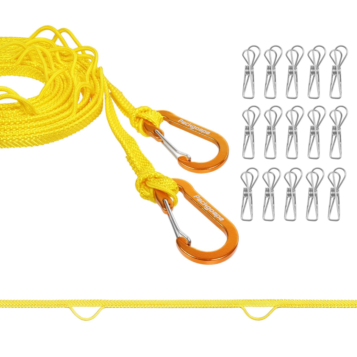 Portable Travel Clothesline, Windproof Clothes Laundry Line with Clothespins & Hang Holes, Indoor & Outdoor Clothes Drying Rope for Hotel, Backyard,Cruise Ships, Camping (Yellow, 16 Ft)