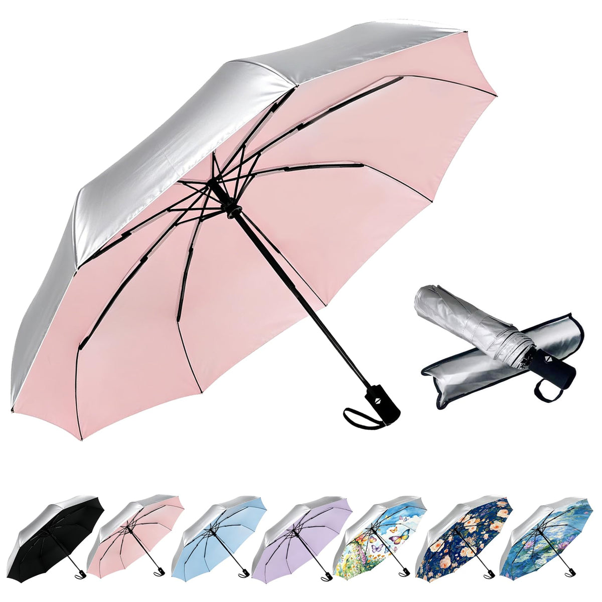 SIEPASA Compact Travel Umbrella - Windproof Auto Open/Close, Small Folding Umbrella for Rain - Lightweight & Durable with Fiberglass Frame, Waterproof Canopy - Fits Backpack, Purse, Suitcase. (Black)