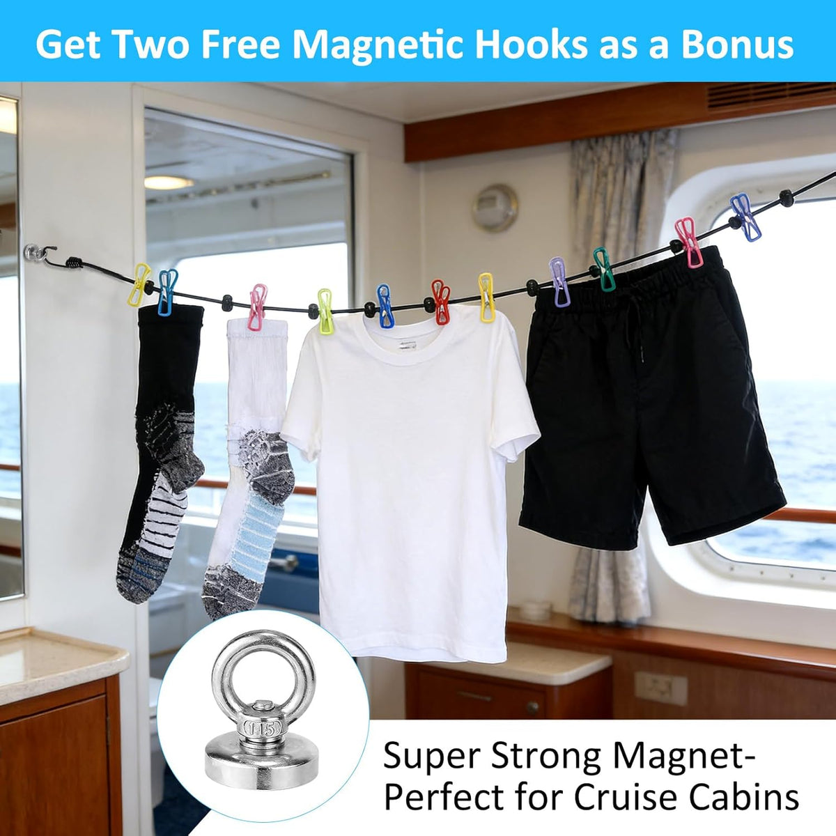 Travel Clothesline with Two Magnetic Hooks for Cruise RV Camper Essentials, Clothes Line 12 Clothes Clips for Cruise Camper RV Accessories, Portable Clothesline for Camper Essentials Car Accessories