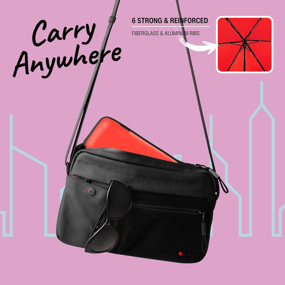 Knirps X4U My Clever Companion– 90cm Diameter Windproof Manual Open/Close Umbrella, Small and Compact Design for Travel and All Weather Protection, with Retractable Feature and Travel Case