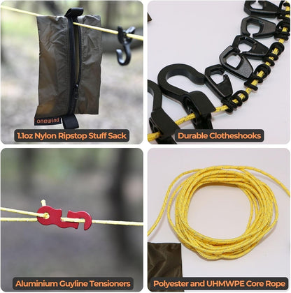 onewind Campsite Storage Line, 6m/19ft Camping Clothesline Hanging Gear for Tent Campers Camping Gear Organization UHMWPE Core Rope GearLine Hanging Organization System for Camping Hiking Backpacking