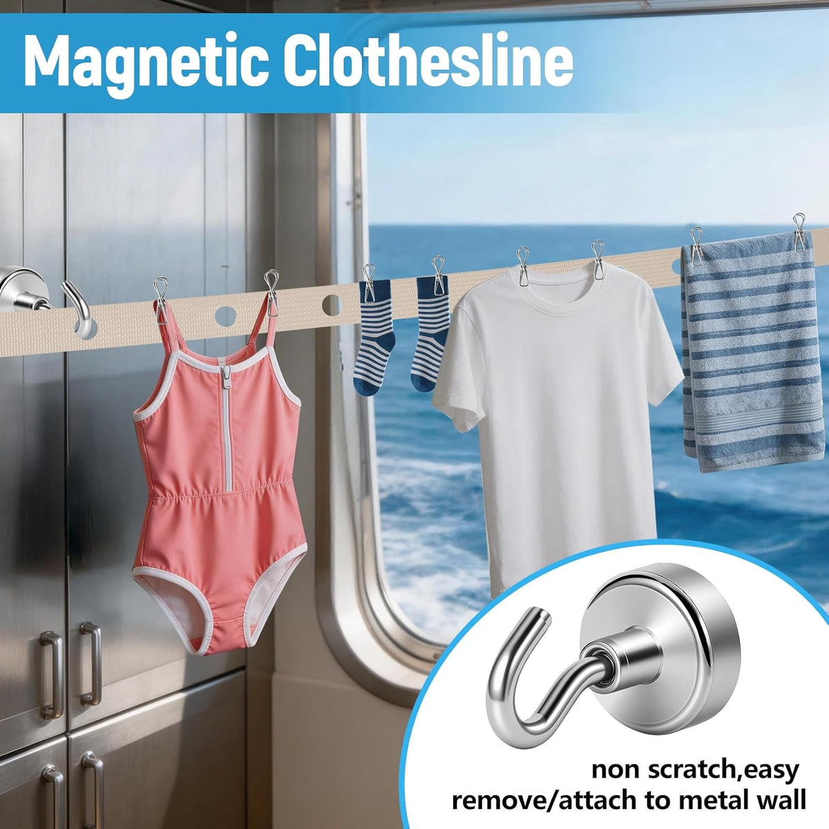 13ft Retractable Magnetic Clothesline for Cruise Ship Cabin Essentials