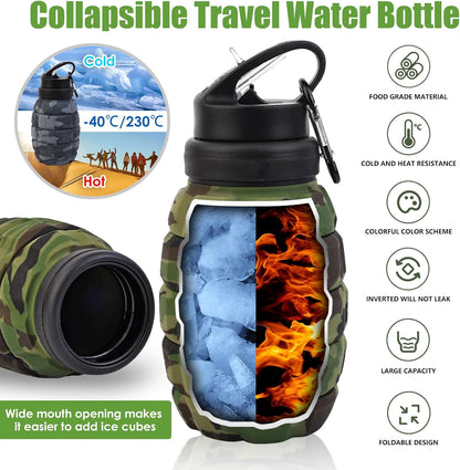Collapsible Travel Water Bottle18oz, Reuseable Silicone Foldable Water Bottles for Gym Camping Hiking, Portable Leak Proof Sports Water Bottle with rugby Carabiner (Green)
