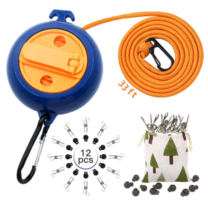 Portable Travel Clothesline, 33ft Camping Clothes line with Clothespins