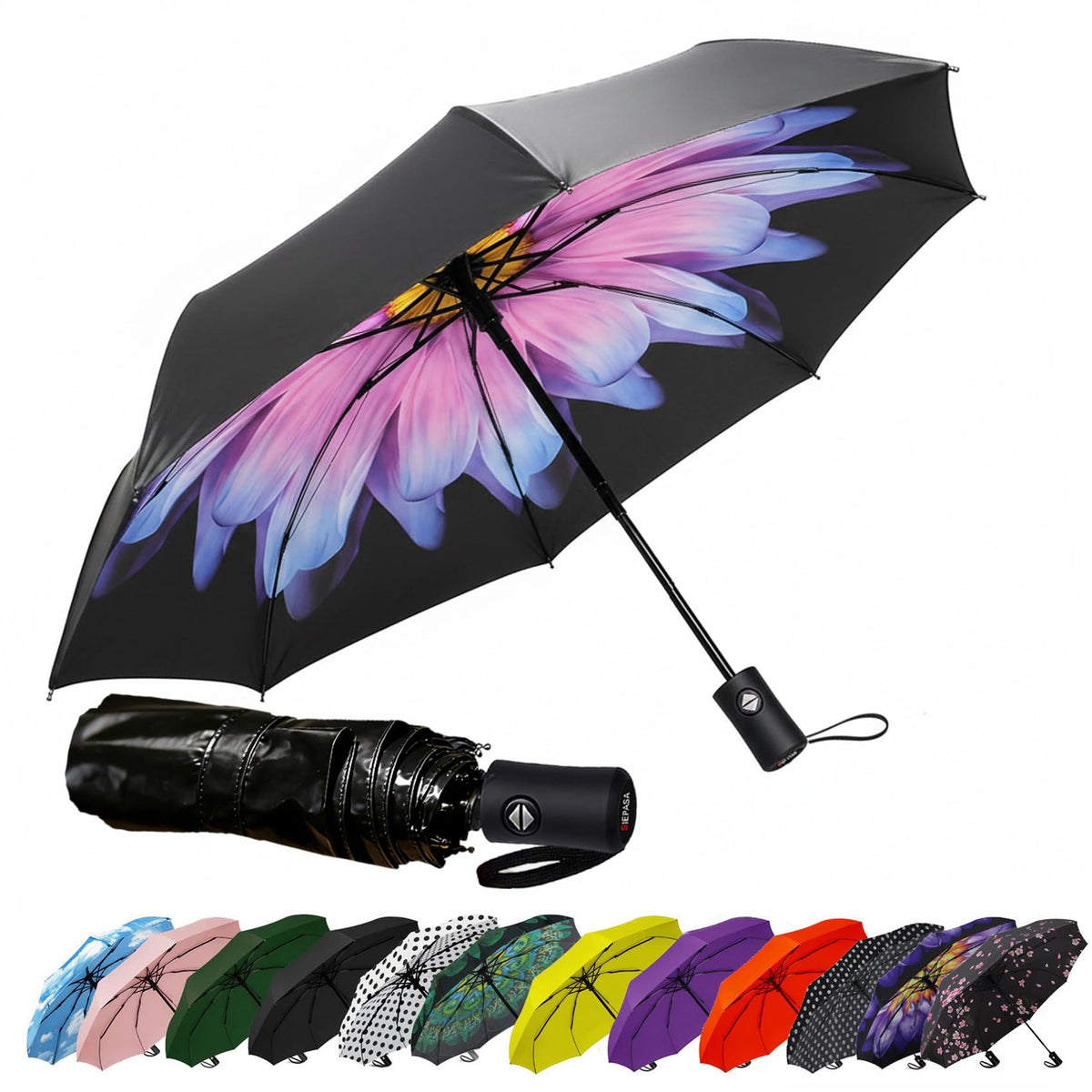SIEPASA Compact Travel Umbrella - Windproof Auto Open/Close, Small Folding Umbrella for Rain - Lightweight & Durable with Fiberglass Frame, Waterproof Canopy - Fits Backpack, Purse, Suitcase. (Black)