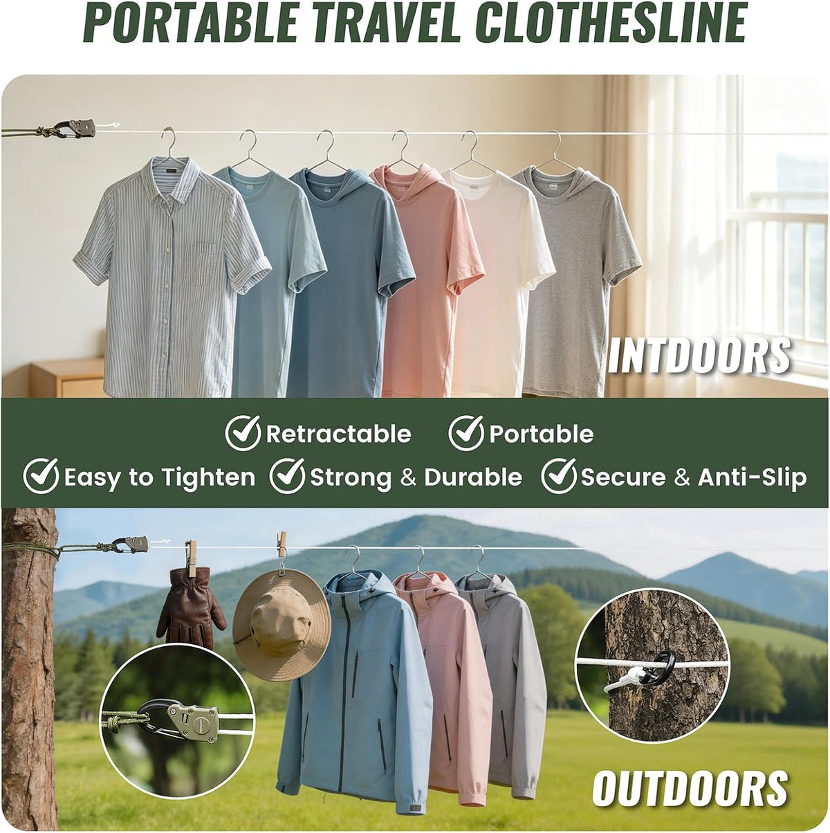 Vigorport Retractable Clothes Line Outdoors with Rope Self-Locking Pulley