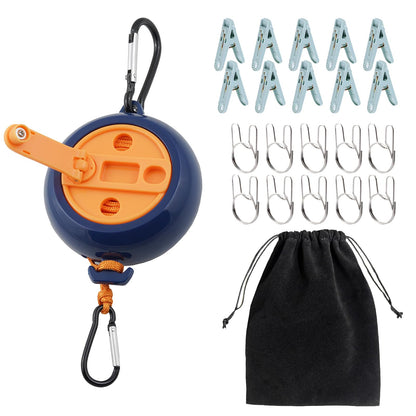 32Ft Portable Travel Clothesline is Also an Outdoor Camping Clothesline, Cruising Clothesline for Drying Clothes on Cruise Ships with 10 Windproof Clips, 10 Clothespins, 1 Storage Bag (Blue)