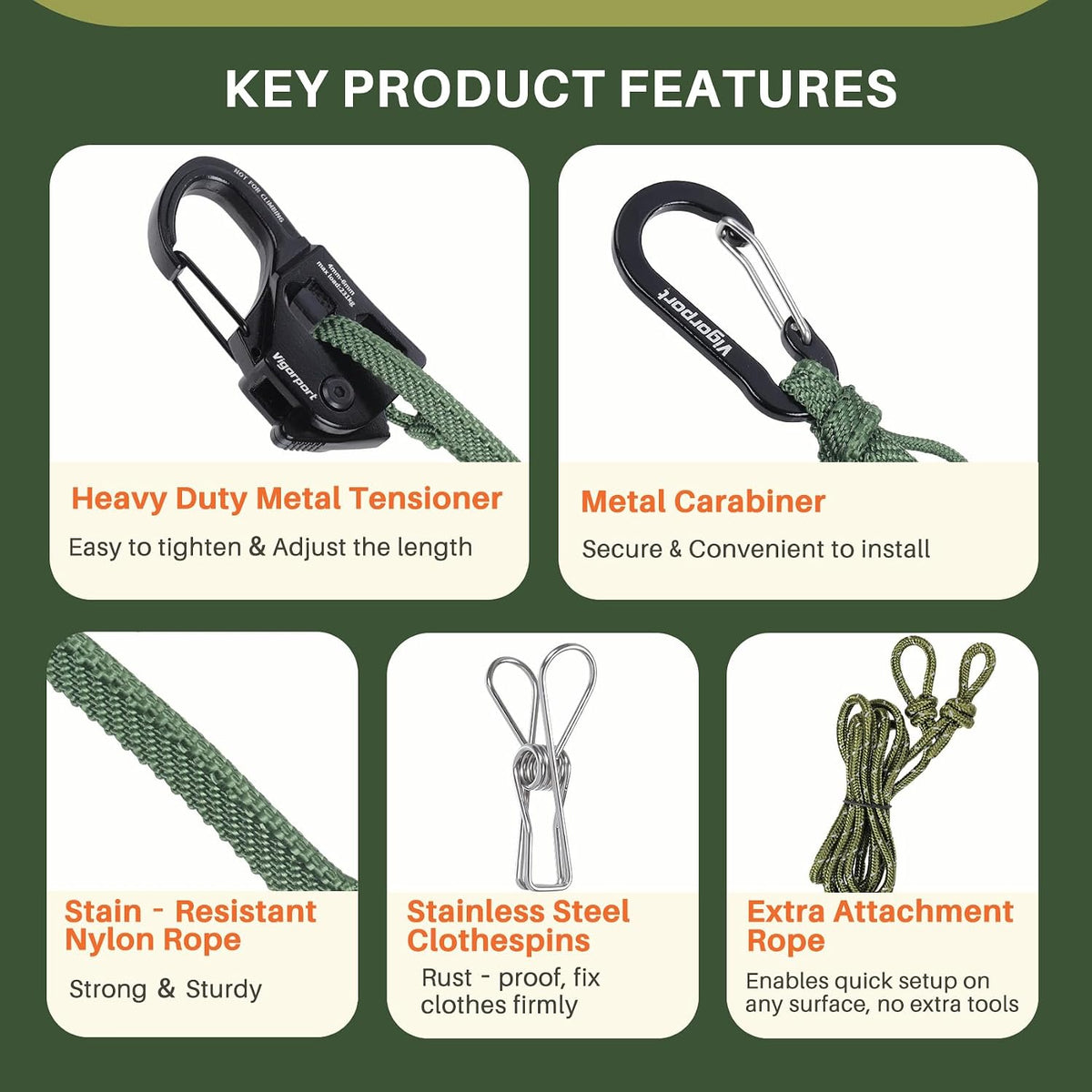 Vigorport Travel Clothesline with Metal Tensioner & Clips for Camping RV