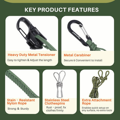 Vigorport Travel Clothesline with Metal Tensioner & Clips for Camping RV
