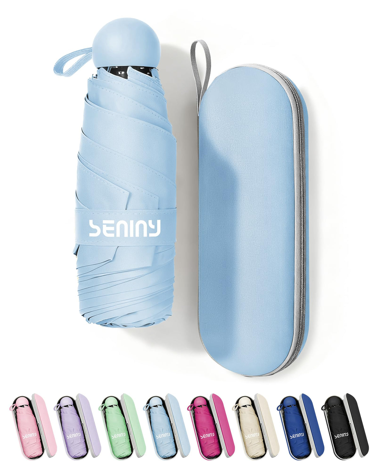 Seniny Mini Travel Umbrella with Case, Compact Pocket Size UV Sun & Rain