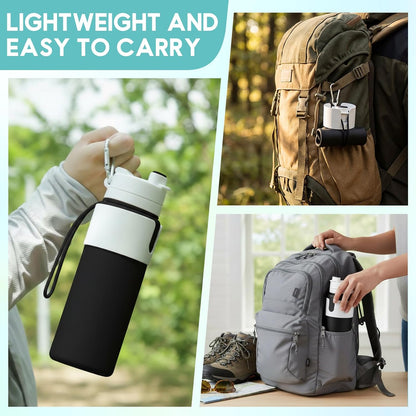 LemonRoad 2 Pcs 26 oz Silicone Collapsible Water Bottle, Portable Foldable Water Bottle Leakproof with Carabiner Reuseable Lightweight for Travel Sports Hiking Camping Cycling Office (Green,Black)