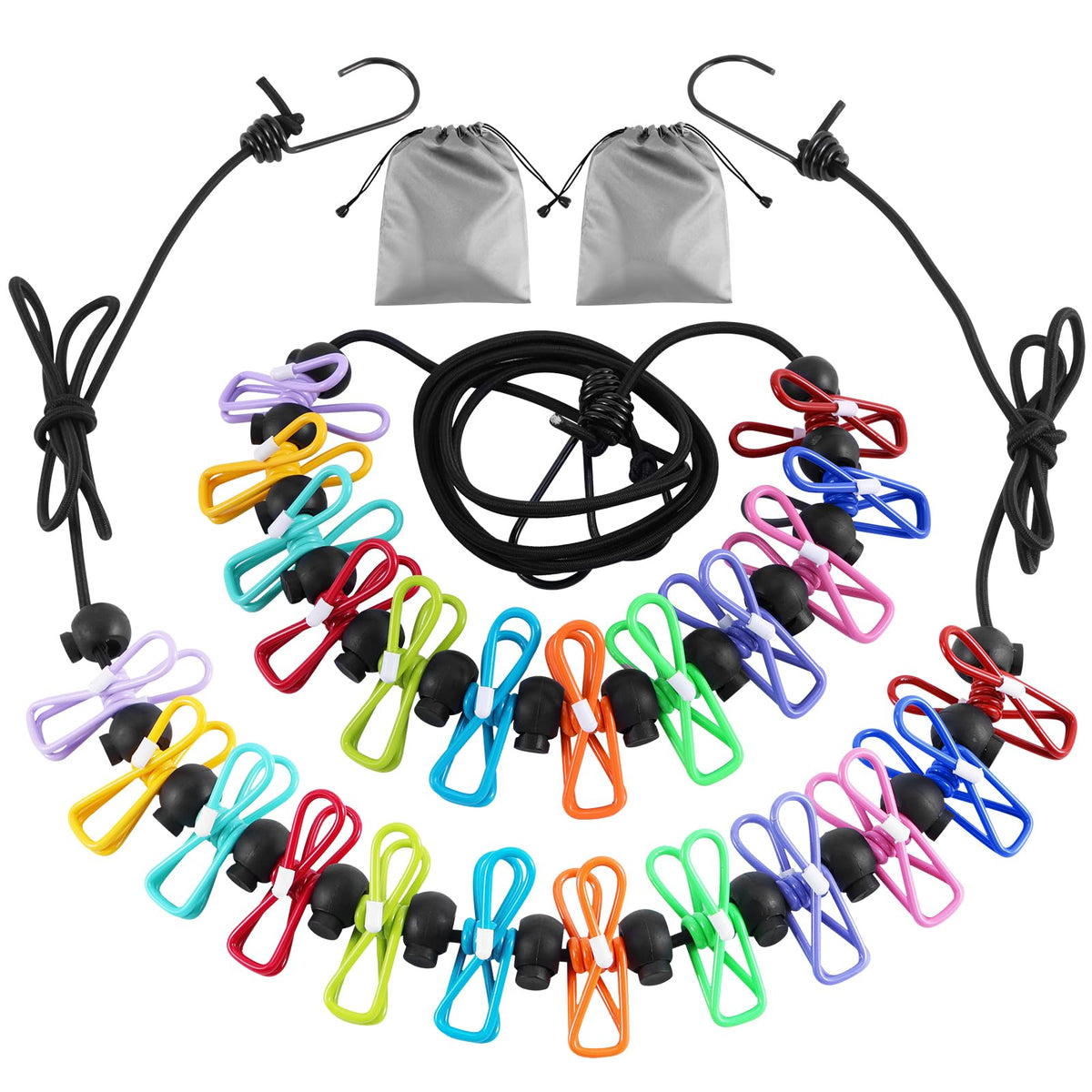 2 Pack Camping Clothesline Portable 12 Clothespins, Black