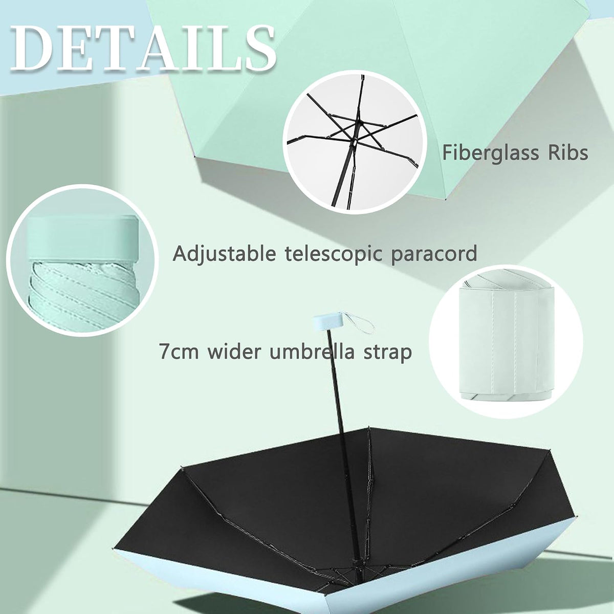 Mini Folding Travel Umbrella/Parasol, Widened Strap for Neat Storage, Compact/Flat Handle/Waterproof Rain/Sun, Purse/Pocket/6Ribs/UPF 50+/UV Protection, Men Women Kids/Ultra-Lightweight