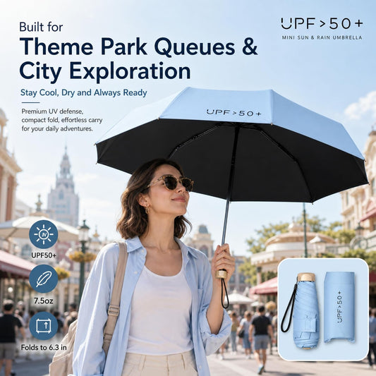 Compact Travel Umbrella, Mini Umbrella - UPF 50+ UV Protection & Waterproof, Windproof 6 Ribs Fiberglass, Pocket-Sized 6.3in Folded, Lightweight 7.05oz for Backpack Travel, Travel Essentials with Black Cooling Tech, for Women and Men, Perfect for Airplane