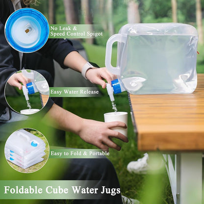 Collapsible Water Container with Spigot & Hook, BPA Free Water Jug, Foldable Carrier Bucket, Water Storage Container for Camping Hiking Survival Kit, 2-Pack (20L/5.3 Gallon)