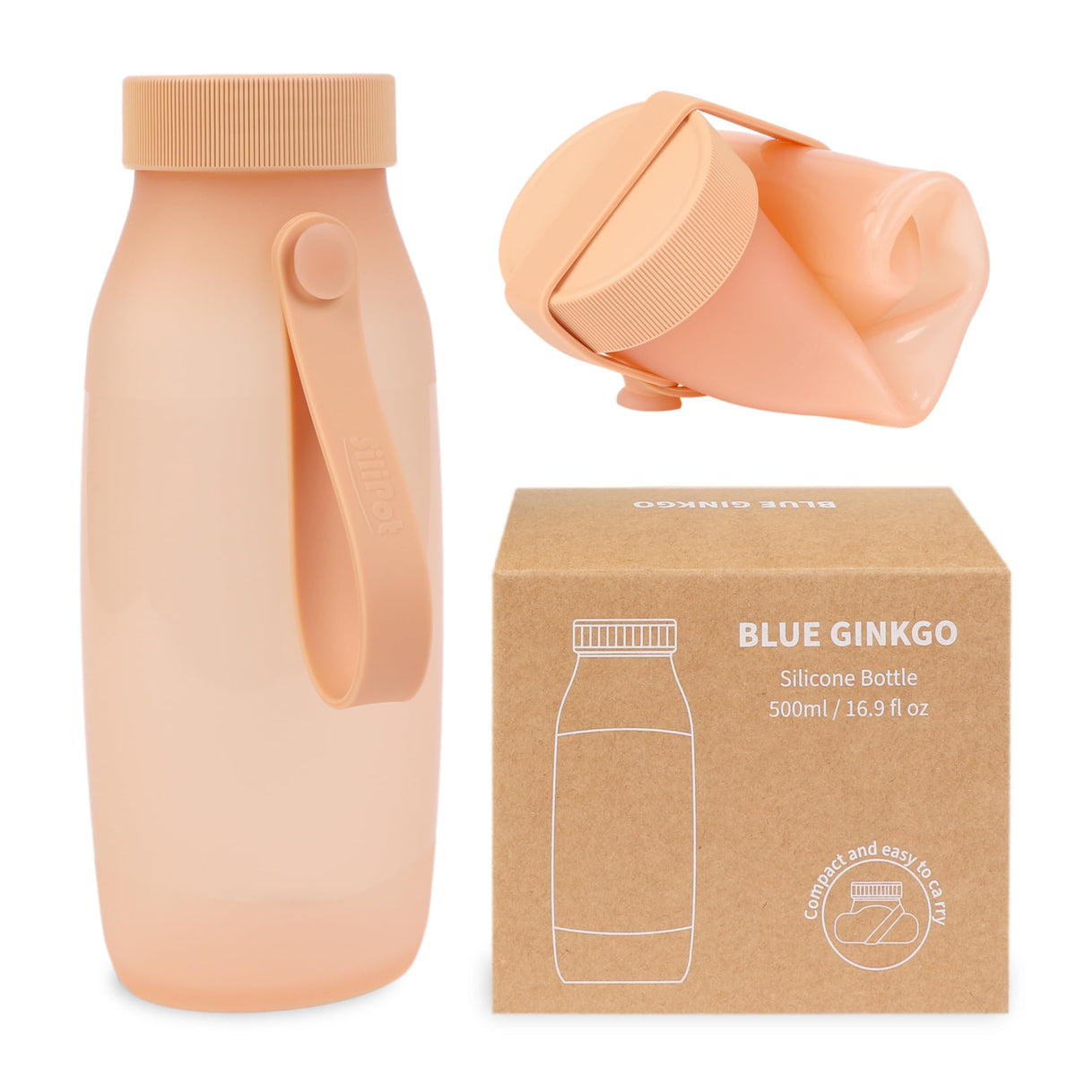 BLUE GINKGO Collapsible Water Bottle – Lightweight, Foldable Silicone Bottle for Travel, Hiking, and Camping (16.9oz, Made in Korea, Sand Beige)