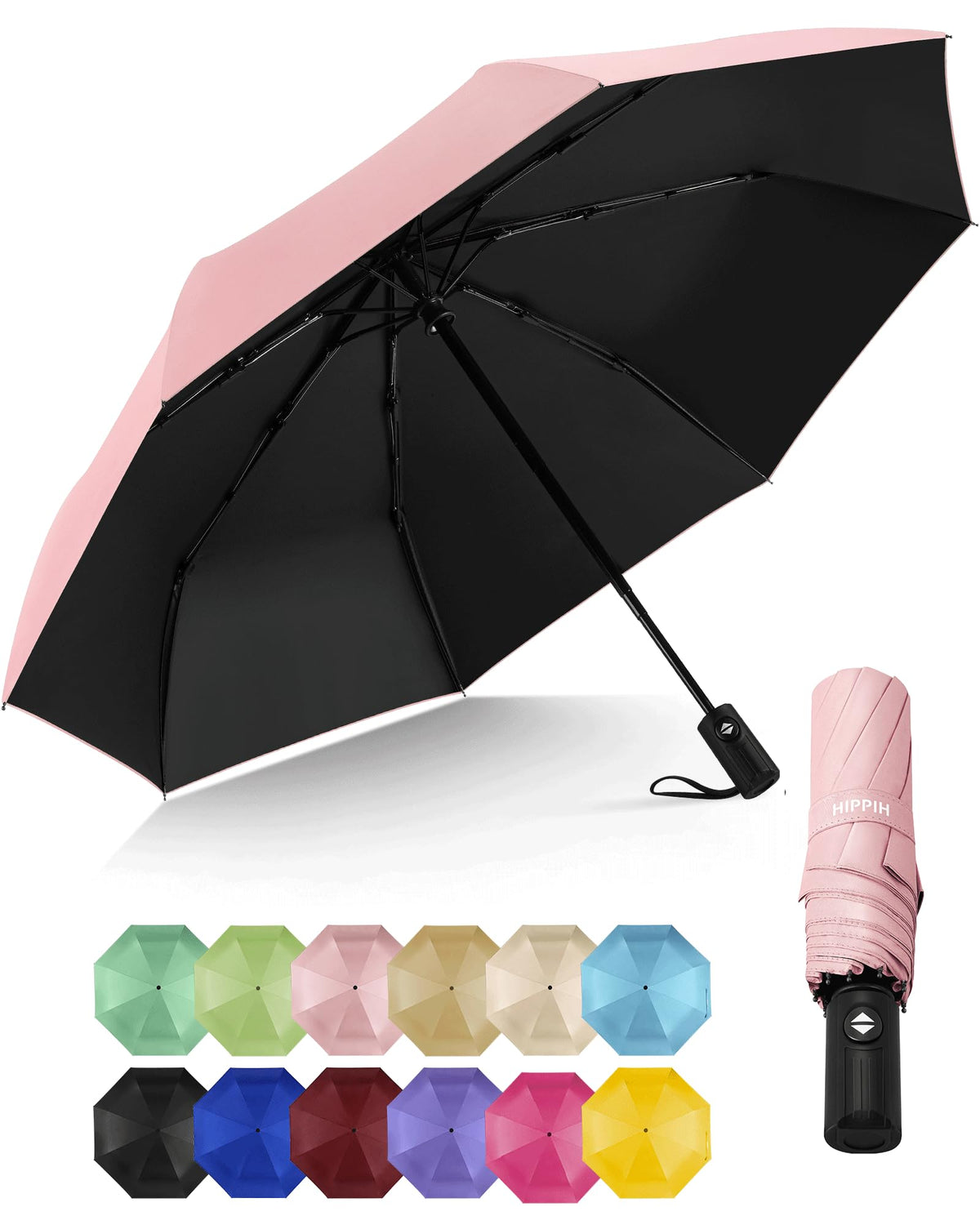 HIPPIH Compact Travel Umbrella for Rain - Windproof Automatic Umbrellas, UV Umbrella for Sun Protection with Black Anti-UV Coating, Portable Small Umbrellas for Backpack, Car, Walking, Kids, Women