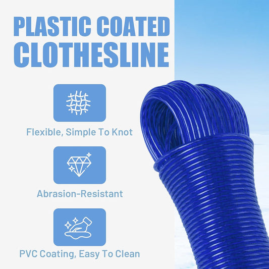 RIOOP Plastic Coated Clothesline, 3mm 164ft Steel Core Washing Line, Blue