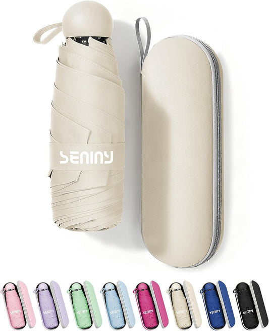 Seniny Mini Travel Umbrella with Case, Compact Pocket Size UV Sun & Rain