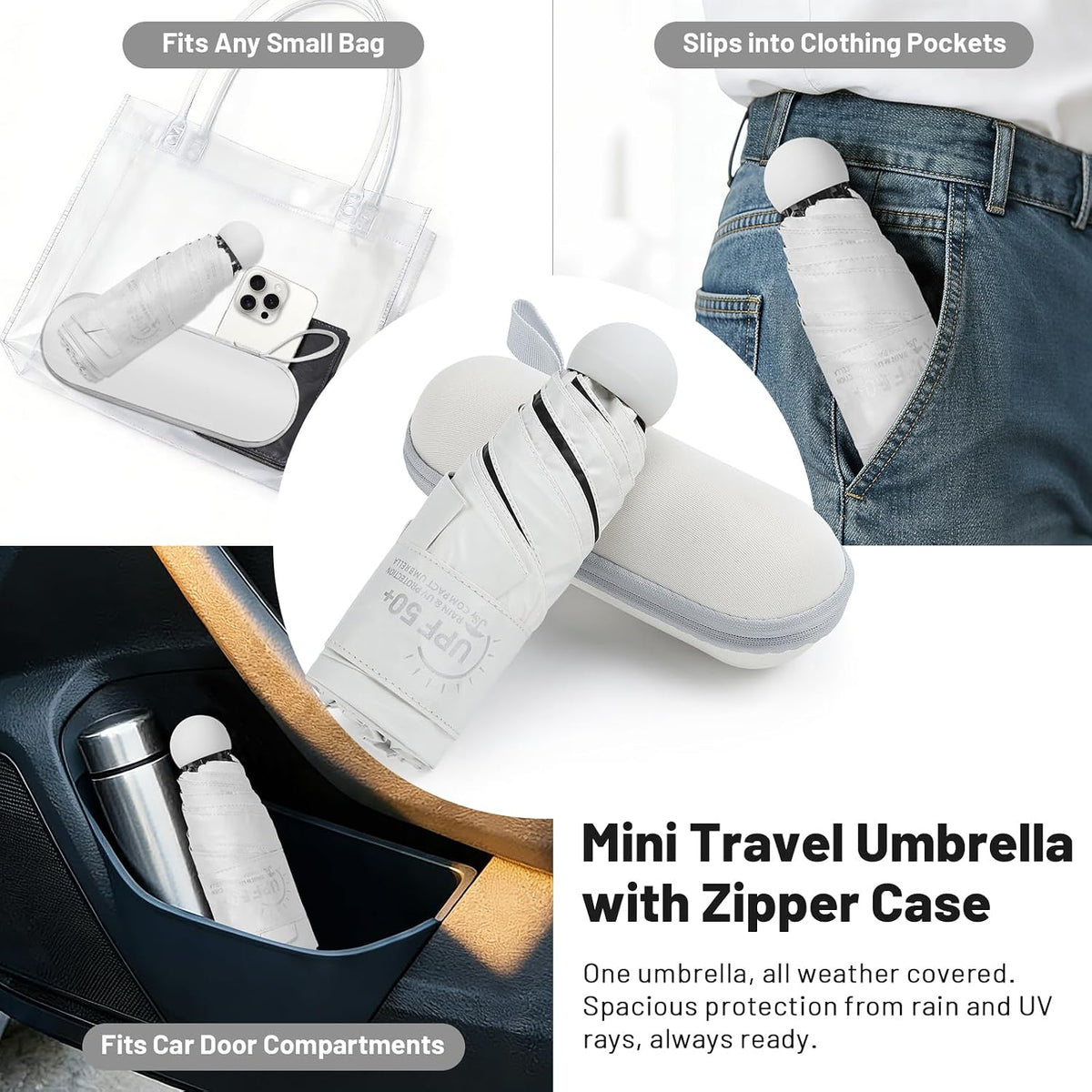 SY COMPACT Mini Travel Umbrella, UPF 50+ Rain & UV Sun Protection, Small Windproof & Lightweight Portable Umbrella with Zipper Case, Fits in Purse Travel Essential for Men Women