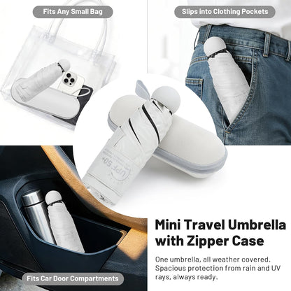 SY COMPACT Mini Travel Umbrella, UPF 50+ Rain & UV Sun Protection, Small Windproof & Lightweight Portable Umbrella with Zipper Case, Fits in Purse Travel Essential for Men Women