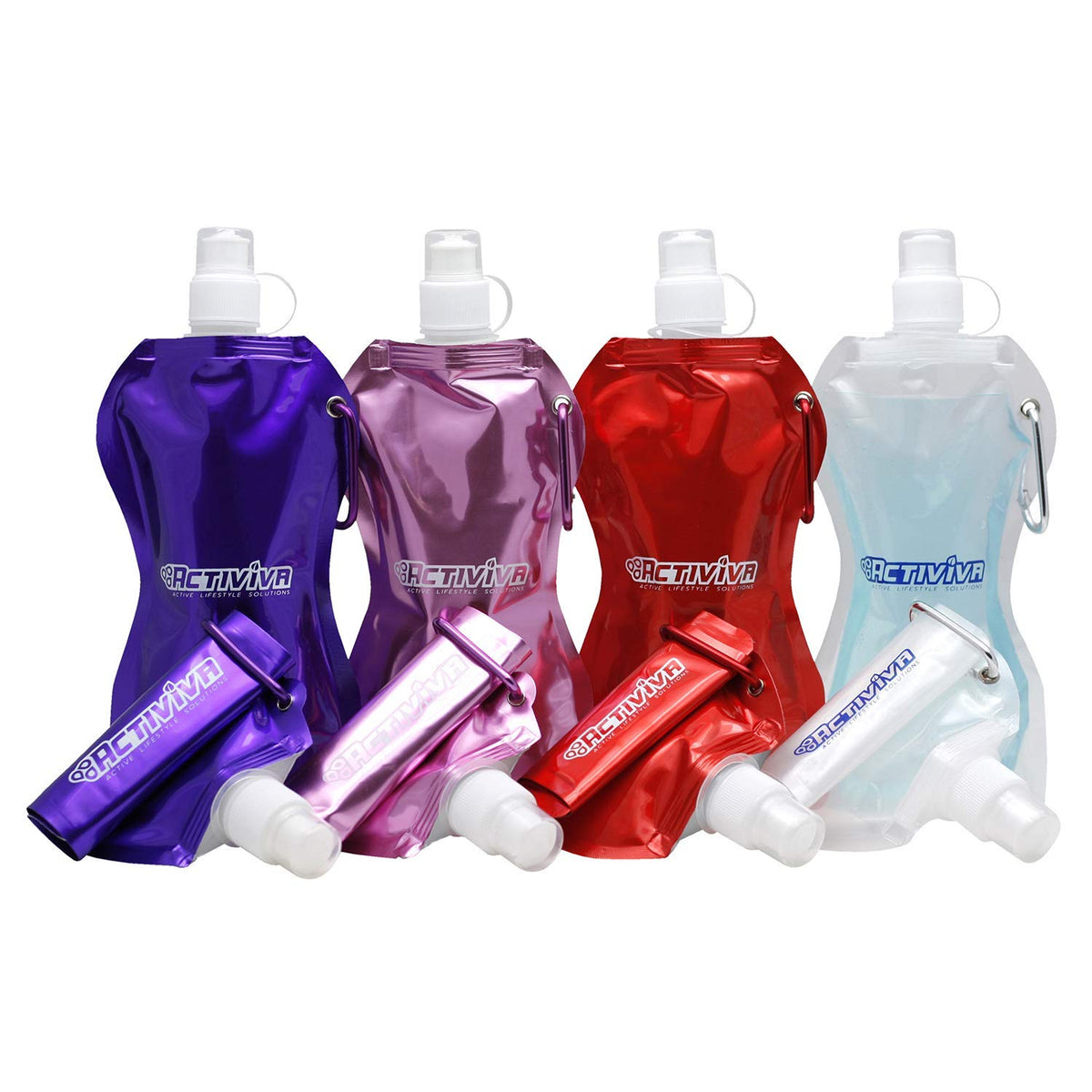 USA Merchant | Collapsible Reusable Water Bottle with Carabiner Clip Light Weight Leak Proof Foldable Drinking Water Bottle Non Toxic BPA Free - 16.9 oz 4 Pack (Pink, Purple, Red, Clear)
