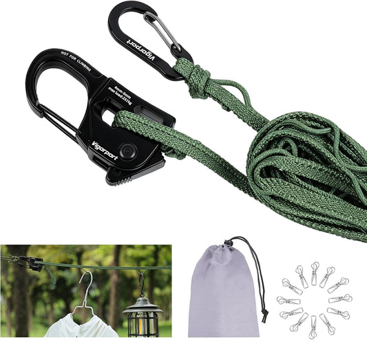 Vigorport Travel Clothesline with Metal Tensioner & Clips for Camping RV