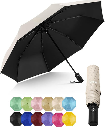 HIPPIH Compact Travel Umbrella for Rain - Windproof Automatic Umbrellas, UV Umbrella for Sun Protection with Black Anti-UV Coating, Portable Small Umbrellas for Backpack, Car, Walking, Kids, Women